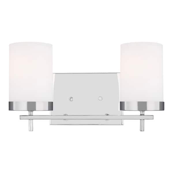 Zire 14 in. W 2-Light Chrome Bathroom Vanity Light with Etched White Glass Shades