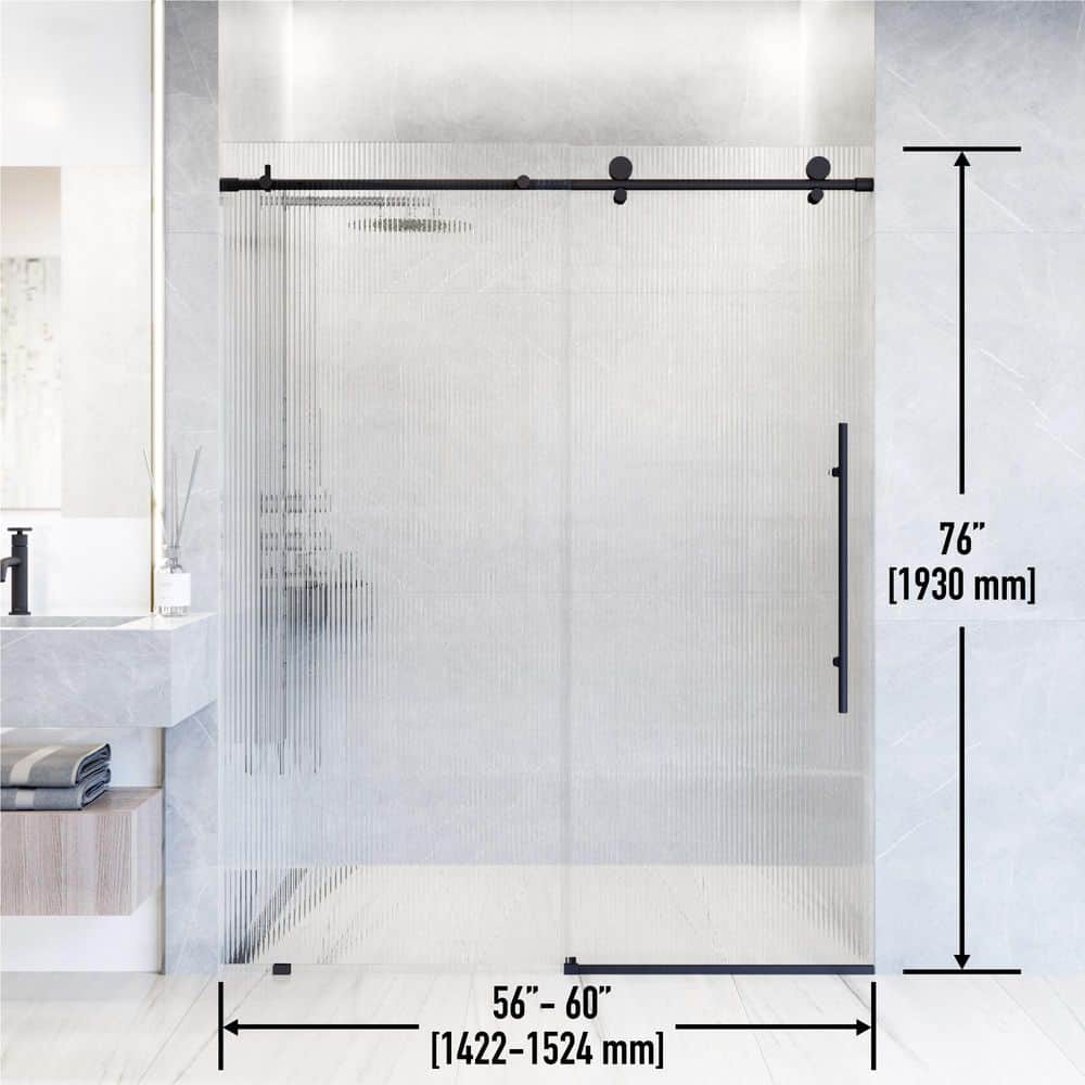 Elan E-Class 56-60" Matte Black Frameless Sliding Shower Door with Fluted Glass