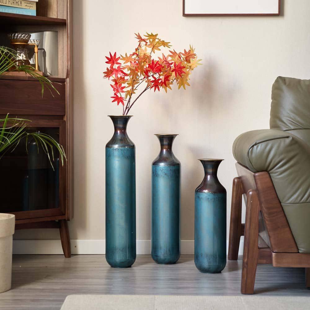 28.34 in. Blue Metal Bottle Decorative Vase Set of 3,Floor Vase Large Flower Vase Decorative Vases for Living Room Decor P290478Q