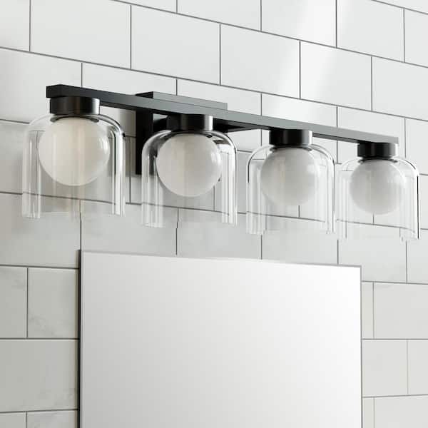 Austin 28.35 in. 4-Light Classic Black Integrated LED Dimmable 3 CCT Vanity Light with White and Clear Glass Shad