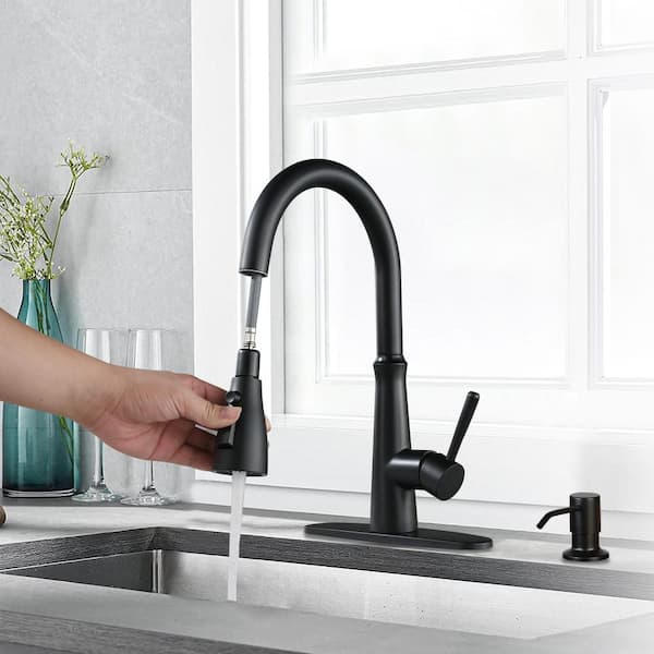 3 Spray Patterns Single Handle Pull Down Sprayer Kitchen Faucet with Soap Dispenser in Matte Black