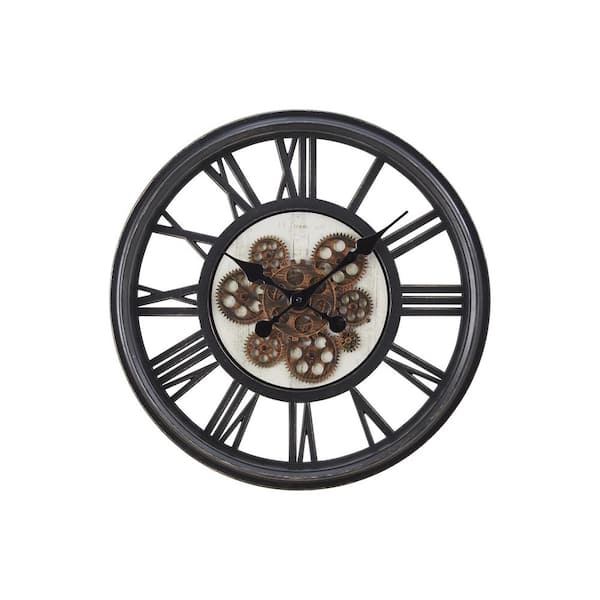 Unbranded 20 in. Round Transitional Black Plastic Frame Wall Clock with Moving Gear Mechanism-Modern Industrial Elegance