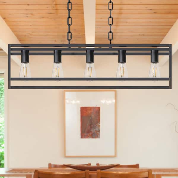 YANSUN 5-Light Matte Black Modern Linear Chandelier Industrial Dining Room Pendant Light Fixtures for Living Room Foyer Bar