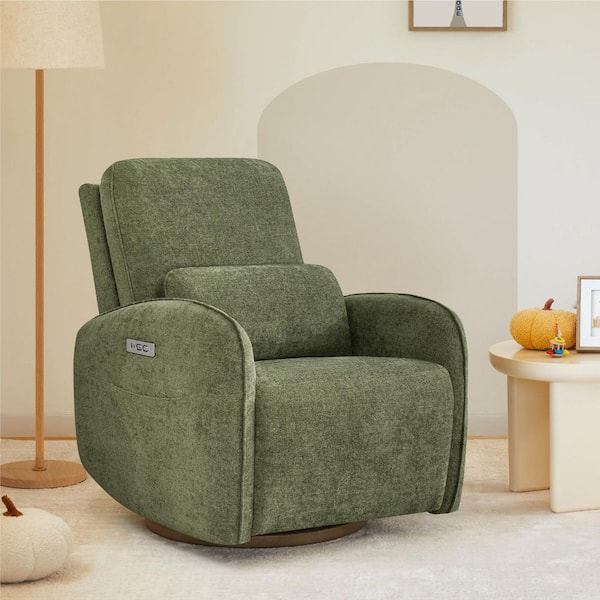 Lina Green Fabric 270° Swivel Glider Recliner w/Leggett & Platt Mechanism, Lumbar Pillow, Side Pockets, Solid Wood Base