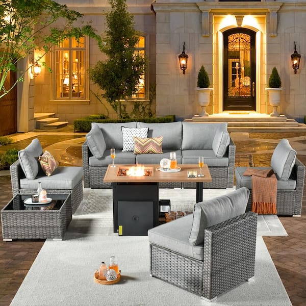 weaxty W Daffodil B Gray 8-Piece Wicker Patio Storage Fire Pit Conversation Sofa Set with Dark Gray Cushions