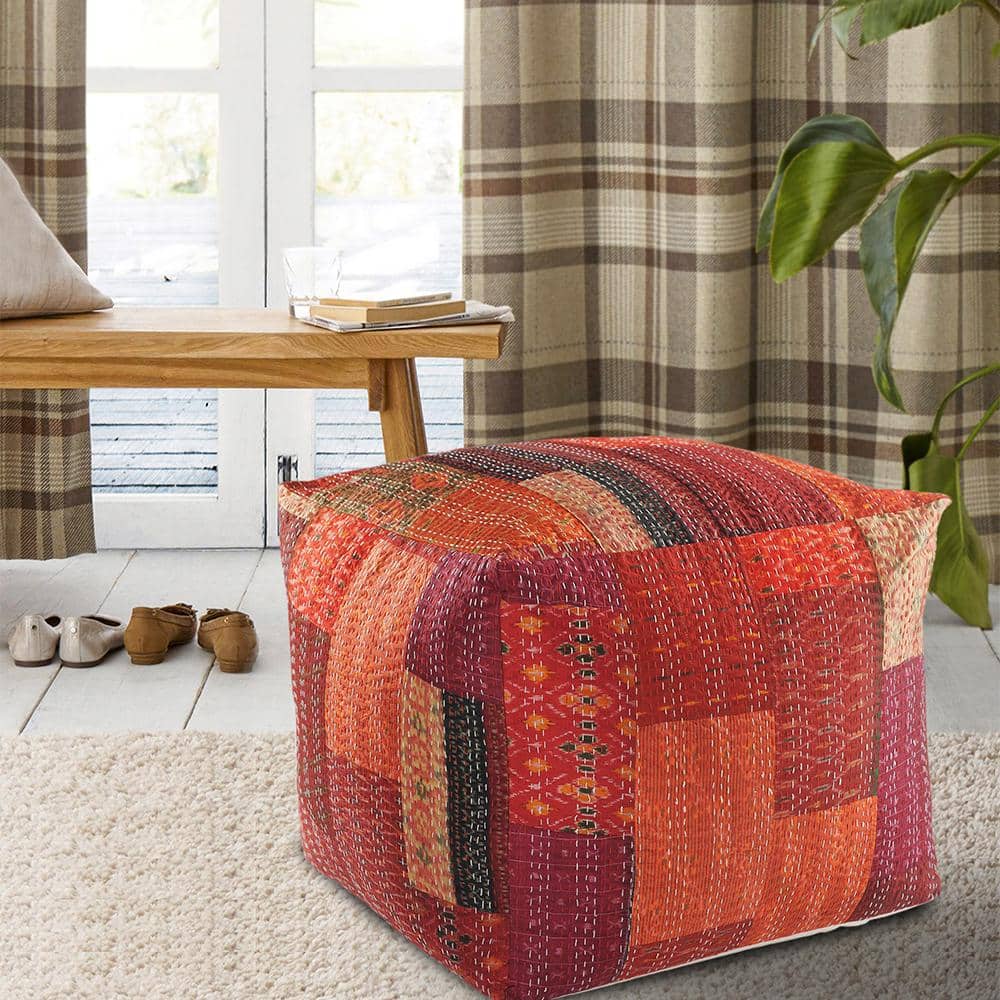 Crimson Kantha Cotton Square Pouf, 24" x 24" x 20"