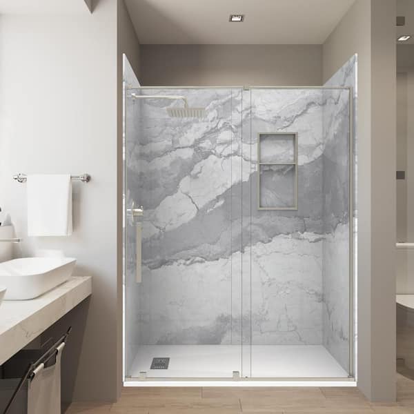 Italian Ice 32in.x60in.x84in. Solid Composite Stone Alcove Shower Combo Kit Matching Brushed Nickel Door,Niche and Drain