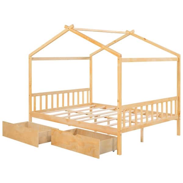 URTR Natural Full Size House Platform Bed with Two Drawers, Wood House Bed Frame Full with Roof Design for Kids