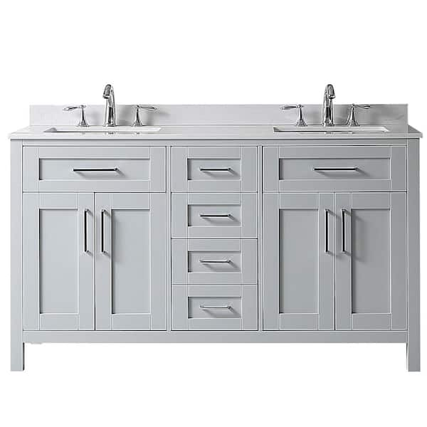 Riverdale 60 in. Double Sink Dove Gray Bath Vanity with White Engineered Marble Top with Integrated Outlet (Assembled)