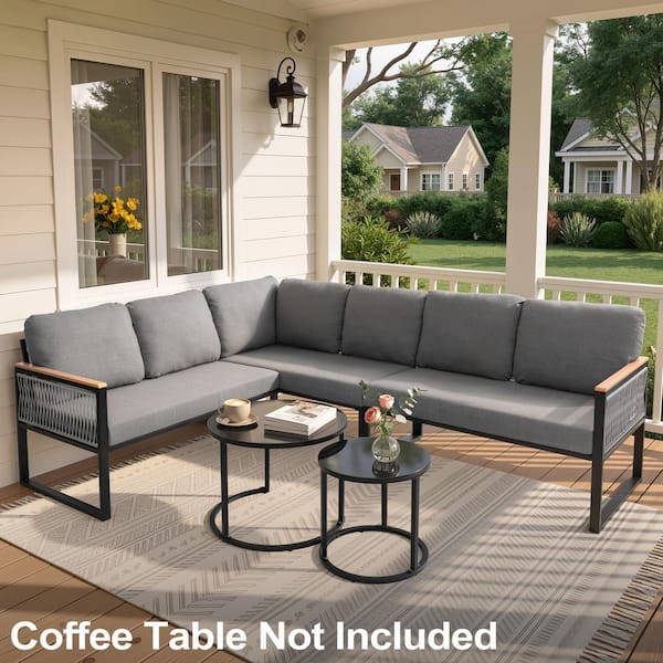 Powder-Coated Metal Outdoor Couch Sofa with Thick Light Gray Cushions and Teak Wood Grain Finish Armrests