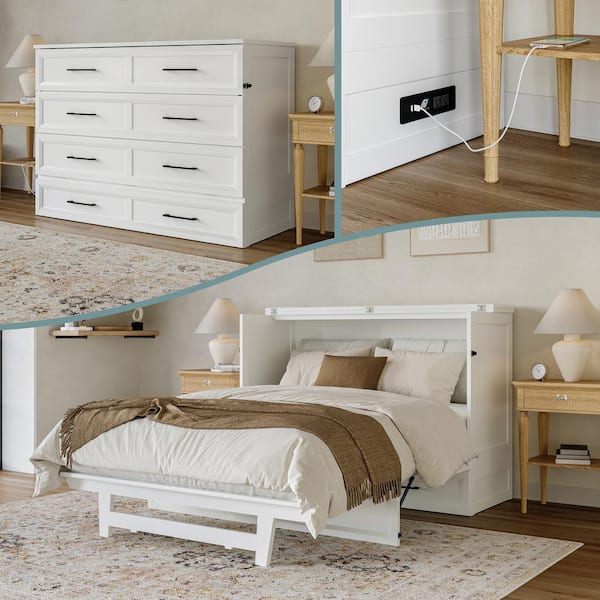 AFI Tucson White Wood Frame Full Size Murphy Bed Chest with Mattress, Storage Drawer and Built-in Charging Station