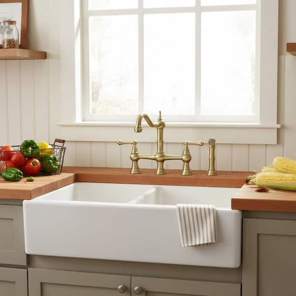 Antique Design Double Handle Bridge Kitchen Faucet with Side Sprayer in Brushed Gold