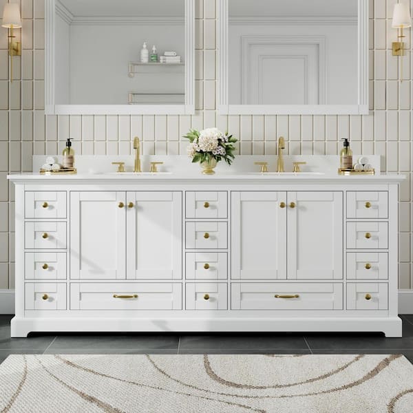 84 in. Freestanding Solid Wood White-Brushed Gold Handle Bath Vanity with White Cultured Marble Top Assembled Soft-close