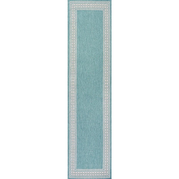 Lucia Classic Diamond Border Aqua/Light Gray 2 ft. x 8 ft. Indoor/Outdoor Area Rug