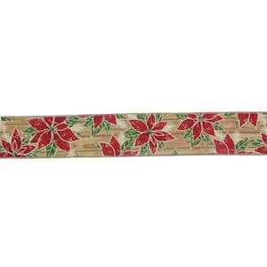 2.5 in. x 16 yds. Red and Green Poinsettia Wood Planks Christmas Wired Ribbon
