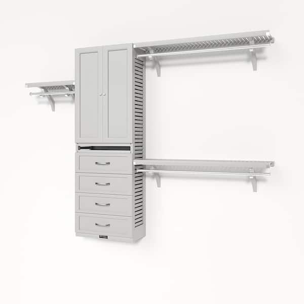 72 in. W - 120 in. W White Reach in with 4 Shaker Style Drawers and Wood Door 12 in. Shelf Wood Closet System