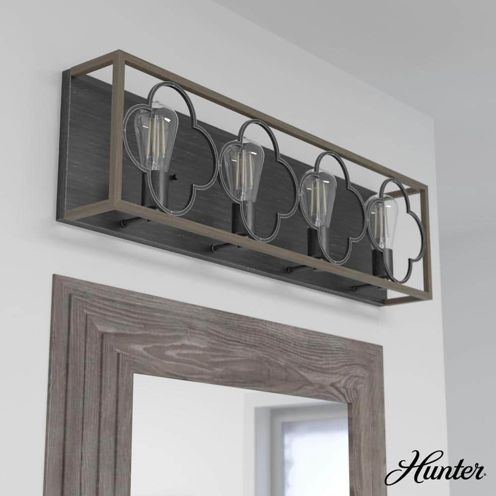 French Oak and Black Iron 4-Light Vanity Fixture
