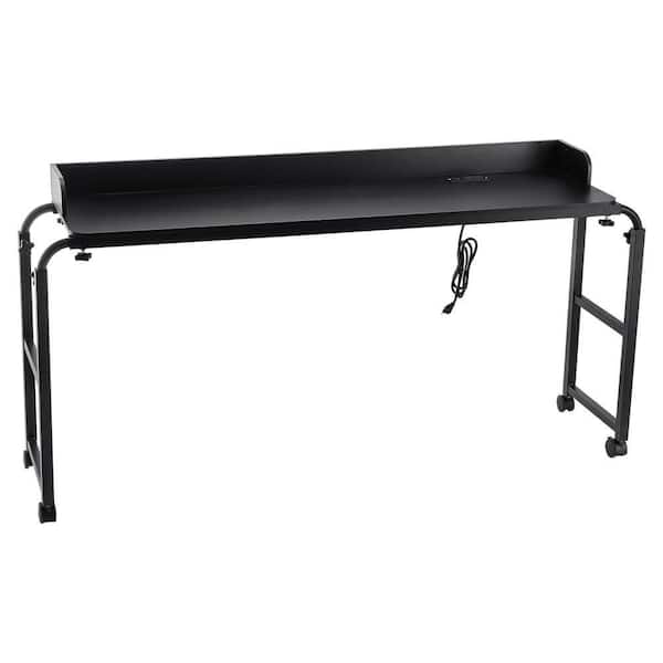 Overbed Table, Mobile Bed Side Table with 4 Wheels (2 with Brakes) and Power Socket, Height Adjustable Desk