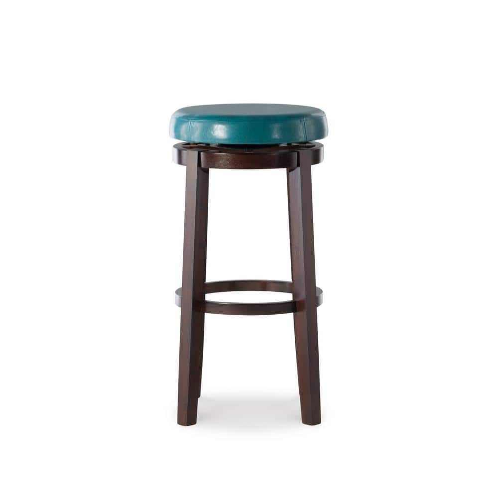 Teal Backless Swivel Wood and Leather Bar Stool
