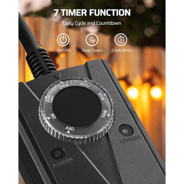 Outdoor Light Sensor Countdown Timer Waterproof with 2-Grounded Outlets for Christmas-Black