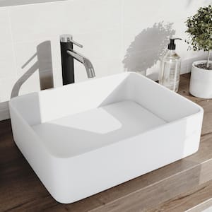 Matte Stone Jasmine Composite Rectangular Vessel Bathroom Sink in White with Lexington Faucet in Chrome and Pop-Up Drain