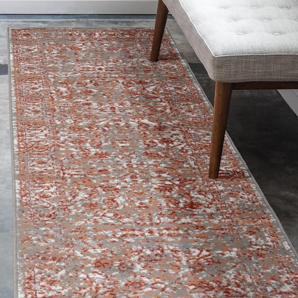 Alpine 2 ft. 7 in.  x  10 ft.  Gray/Orange Bordered Pattern Runner Rug for High Traffic Entryway Kitchen Hallway