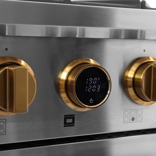 30 in. 4.2 cu.ft. 4-Burners Dual Fuel Range Natural Gas in Stainless Steel with Gold Accents and Digital Dial Thermostat