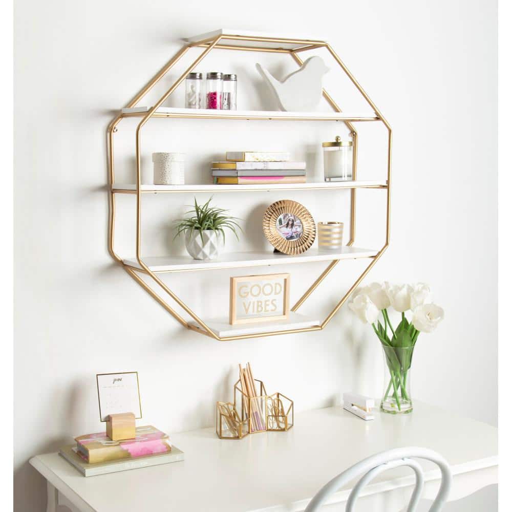 White and Gold Octagon Floating Wall Shelves with Metal Frame