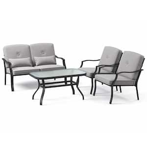 4 PCS Patio Metal Patio Conversation Set Outdoor Sofa Tempered Glass Coffee Table with Gray Cushions