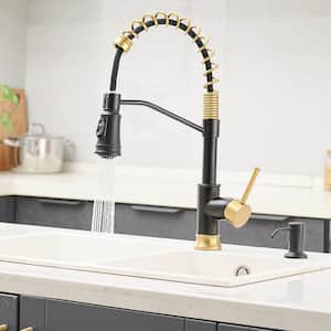 Single Handle Touchless Gooseneck Pull Down Sprayer Kitchen Faucet with Dual Function in Black and Gold