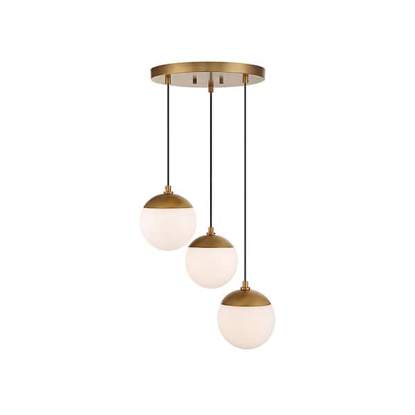 TUXEDO PARK LIGHTING 13 in. W x 7 in. H, 3-Light Natural Brass Chandelier with White Opal Glass Shades