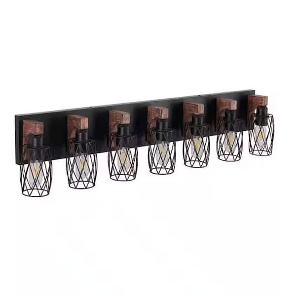 44.3 in. 7-Light Walnut Black Cage Vanity Light, Farmhouse Rustic Wall Lighting with Wooden Accents for Bathroom