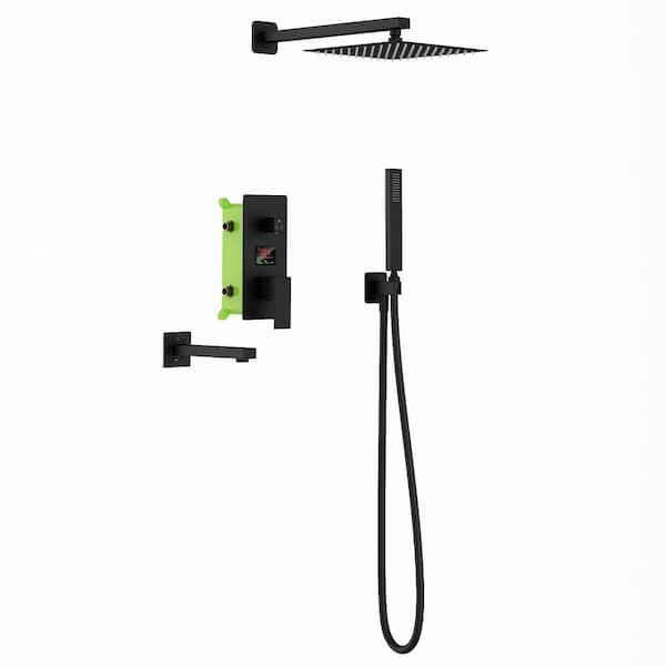 WIAWG 3-Spray Wall Bar Shower Kit With Hand Shower and 10 in. Square Rain Shower Head With Valve, Display Screen in Black