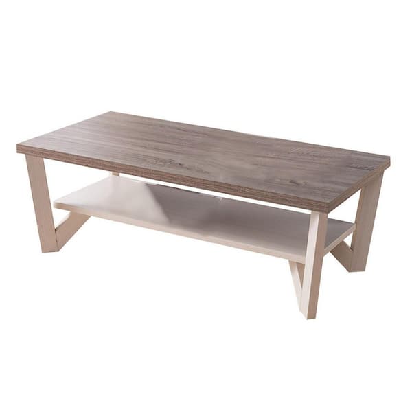 Benjara 48 in. White/Brown Large Rectangle Wood Coffee Table with Shelf