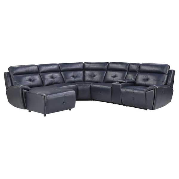 EVERGLADE HOME Helix 108 in. W Square Arm Faux Leather 6-Piece U-Shaped Modular Reclining Sectional with Left Chaise in Navy Blue