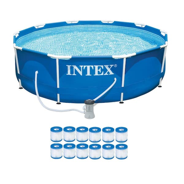 Intex Round 10 ft. Metal Frame Pool Set with Filter Pump and Type H Filter Cartridges (12-Pack) 30 in. H