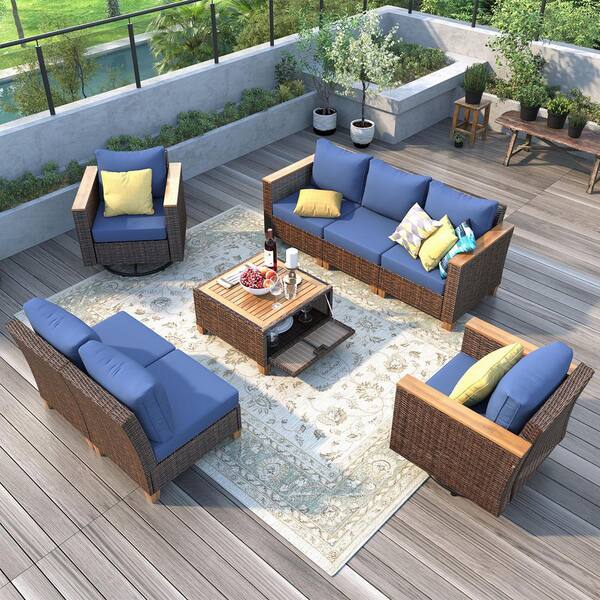 FIROMO 8-piece Wicker Outdoor Sofa Sectional Set with Blue Cushions, Acacia Storage Table and Patio Swivel Rocking Chair