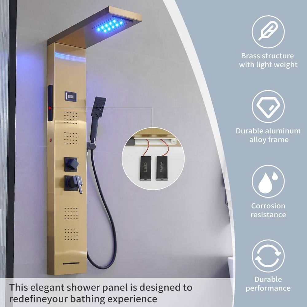 Gold Brushed Stainless Steel Shower Panel with LED and Handheld Wand