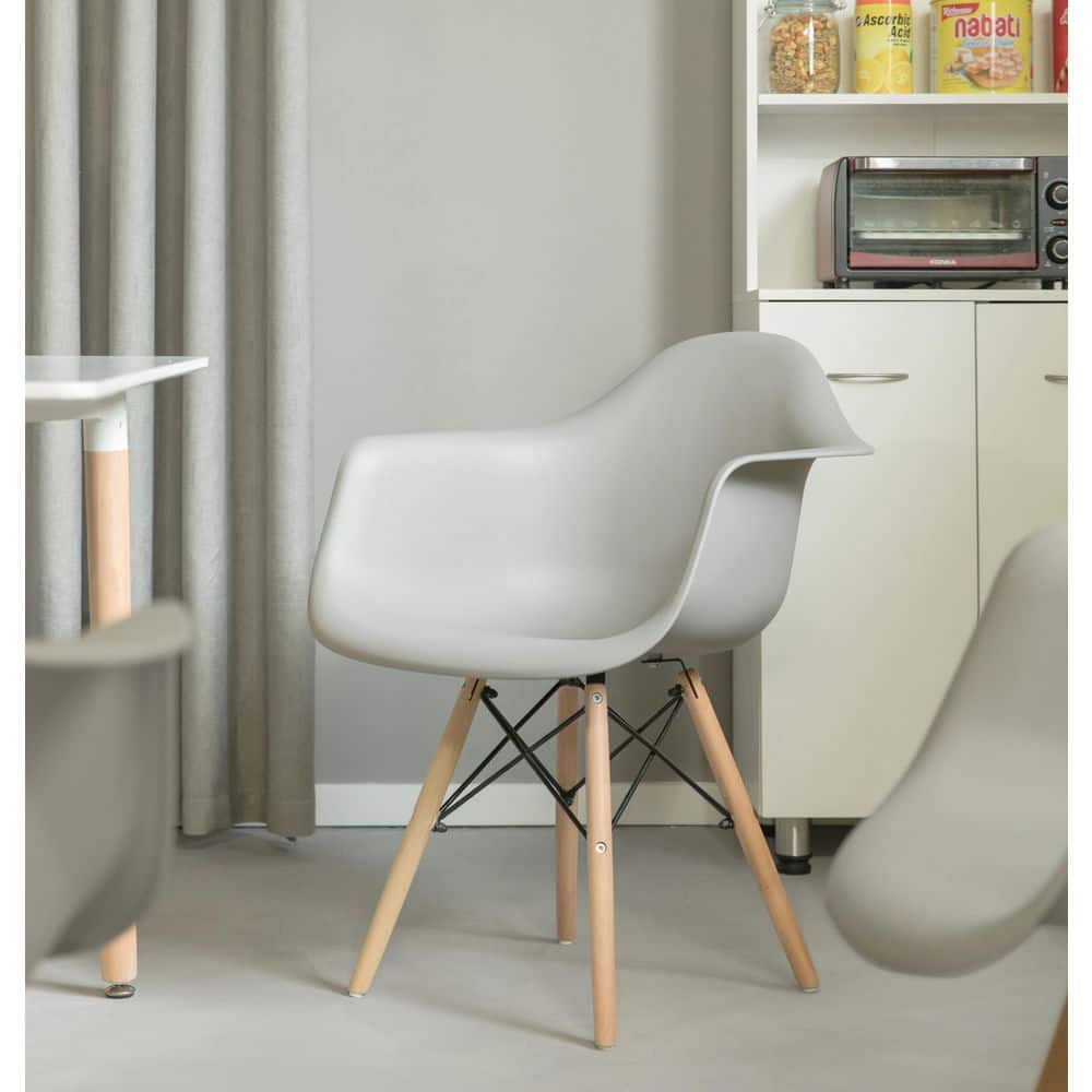Gray Plastic Shell Dining Arm Chair with Wooden Legs