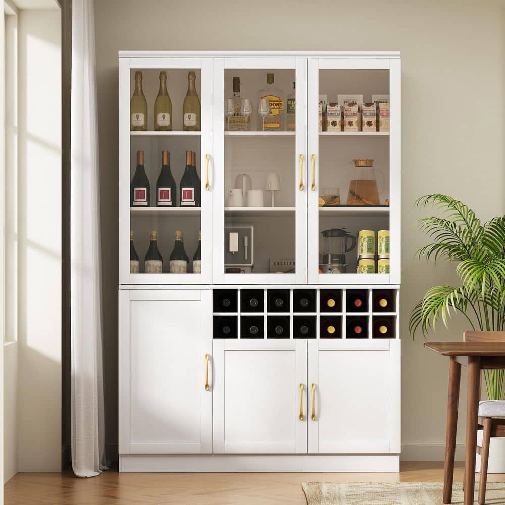 Modern 14-Bottle White and Gold 47.24 in. W Wood Wine Cabinet with Removable Wine Rack and Adjustable Shelves