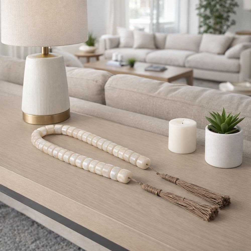 Ivory 38 in. x 1 in. Resin Jute Decorative Beads with Tassel Accents