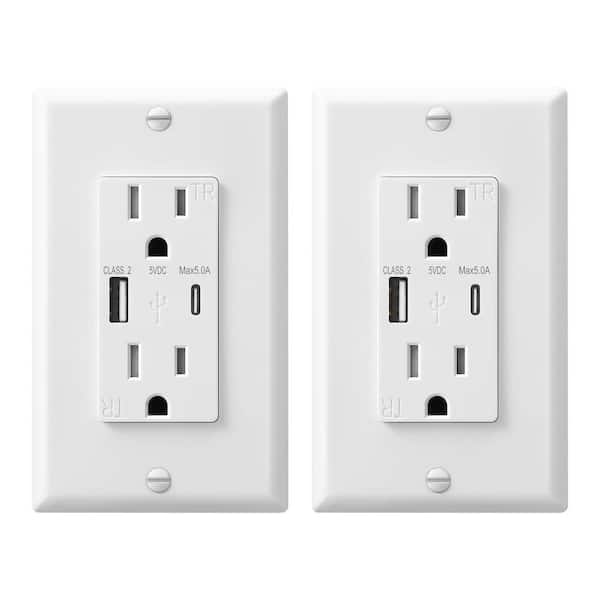White 15 Amp Tamper Resistant Receptacle Outlet with USB-A, USB-C Charger (2-Pack)