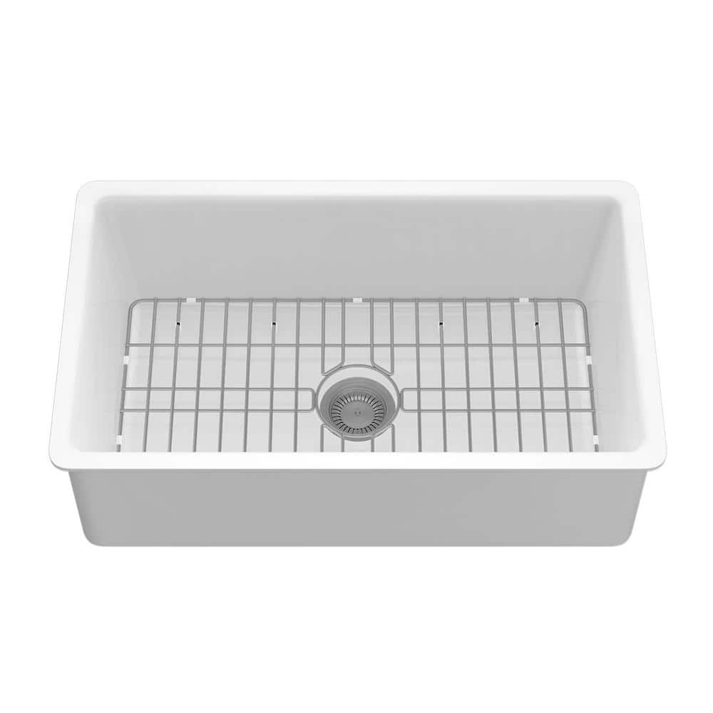 Sinber 32 in. Drop-In Single Bowl White Fireclay Kitchen Sink with ...