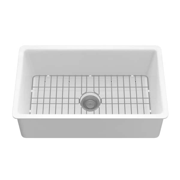 Sinber 32 in. Drop-In Single Bowl White Fireclay Kitchen Sink with Bottom Grid and Drain