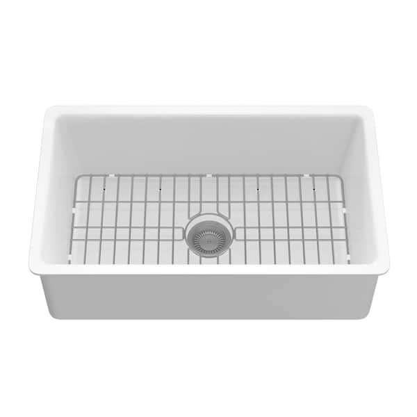 32 in. Drop-In Single Bowl White Fireclay Kitchen Sink with Bottom Grid and Drain