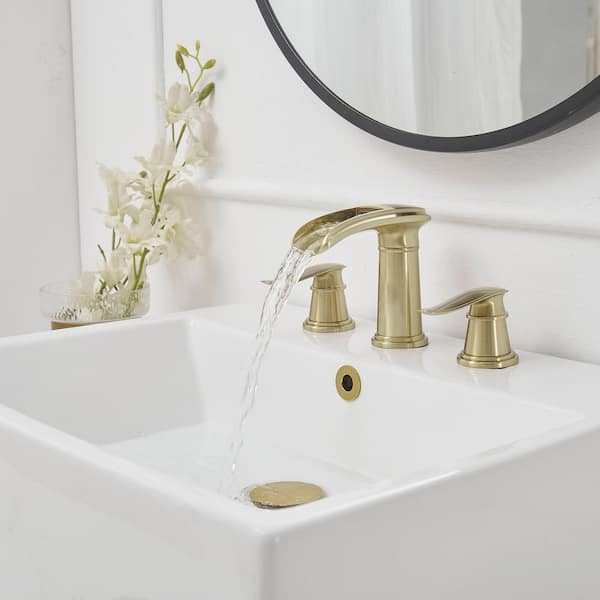 8 in. Waterfall Widespread 2-Handle Bathroom Solid Brass Faucet With Pop-up Drain Assembly in Spot Resist Brushed Gold