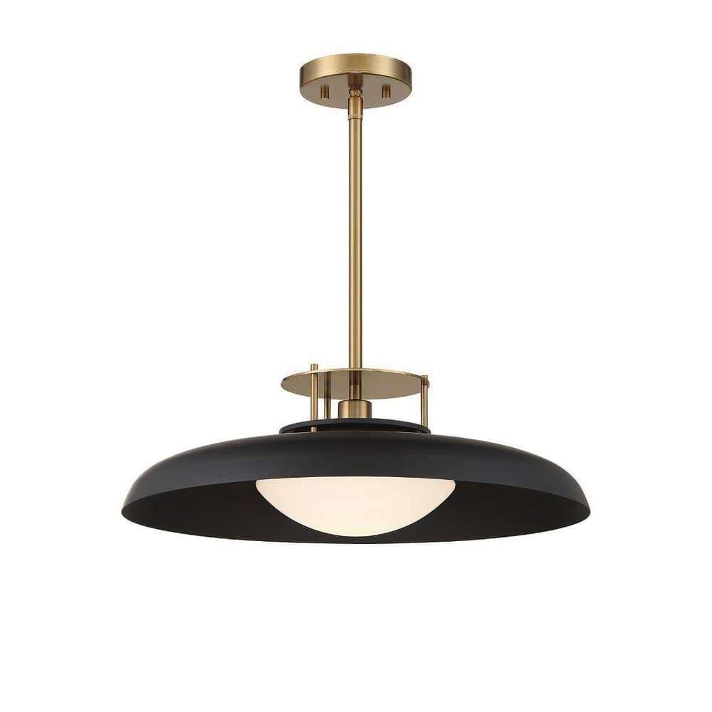 Matte Black and Warm Brass Vintage Pendant Light with Opal Glass Shade