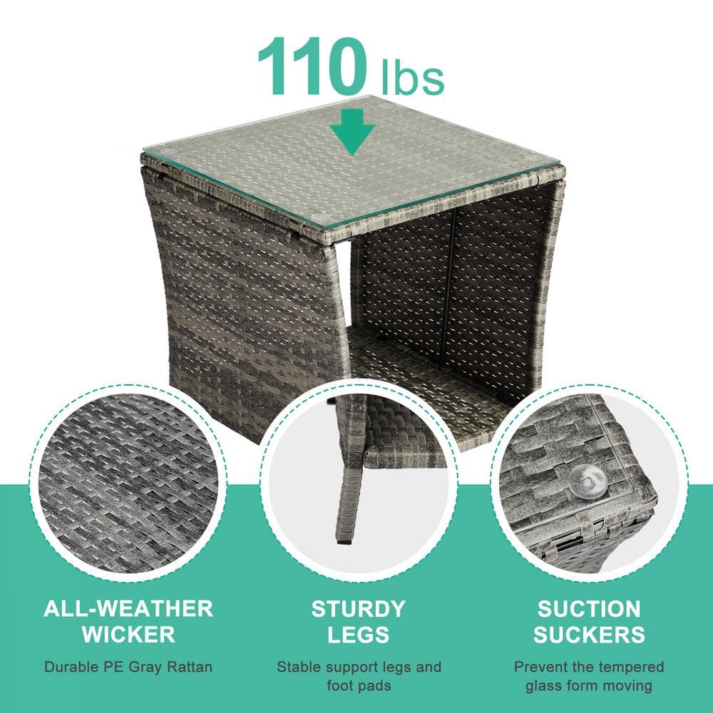 Gray and Black Iron Wicker Outdoor End Table