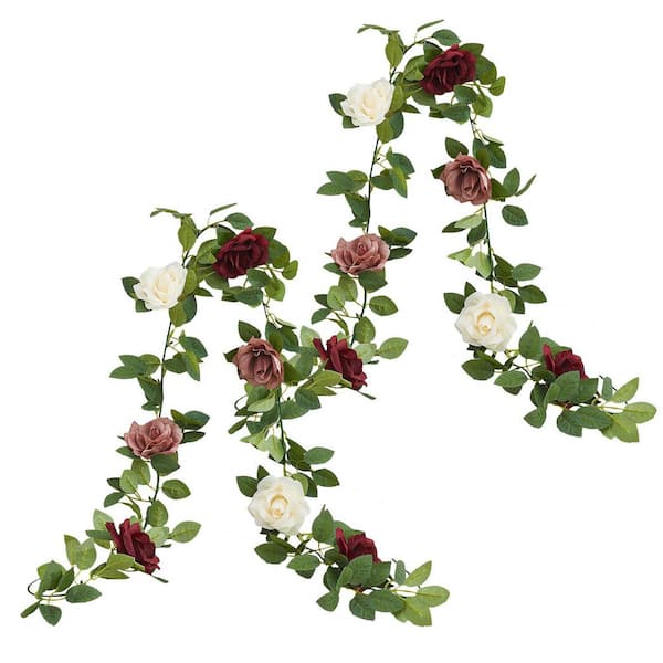 Unbranded 6.00 in. Burgundy Artificial Rose Floral Garland with Vines and Leaves for Wedding Arch Ceremony Home Garden Decorations