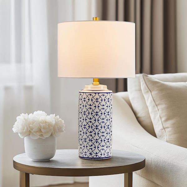 KAWOTI 21.75 in. Blue and White Ceramic Table Lamp with Fabric Lamp Shade